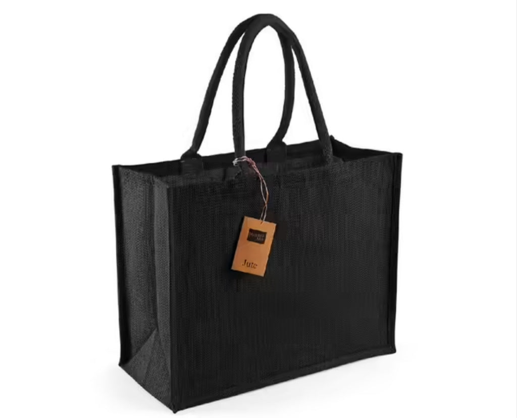 Sac en jute noir personnalisé – prénom ou message brodé – anses coton