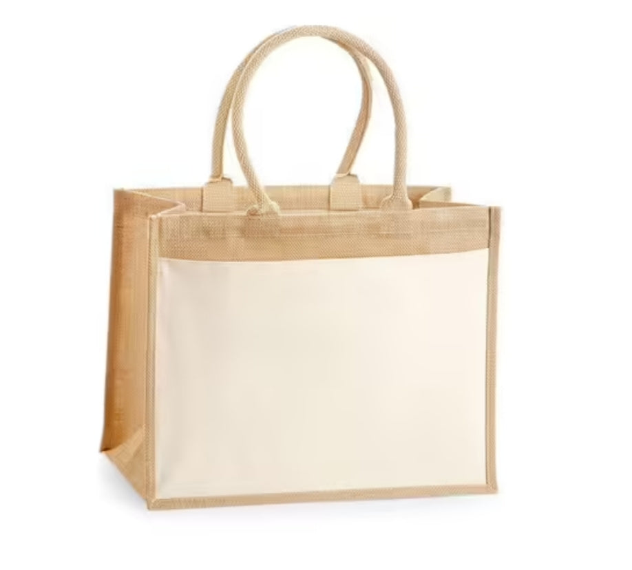 Sac en jute personnalisé – prénom ou message brodé – poche coton