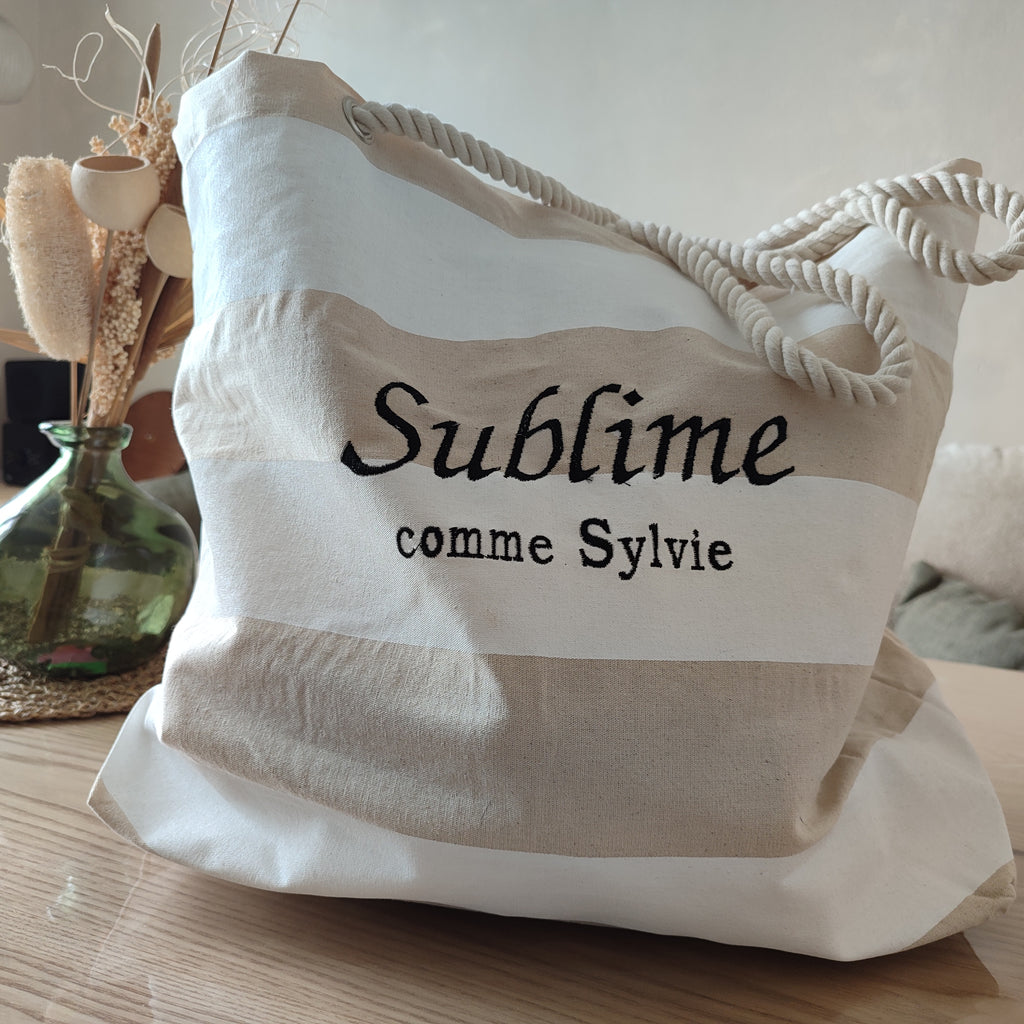 Sac rayé beige & blanc personnalisable